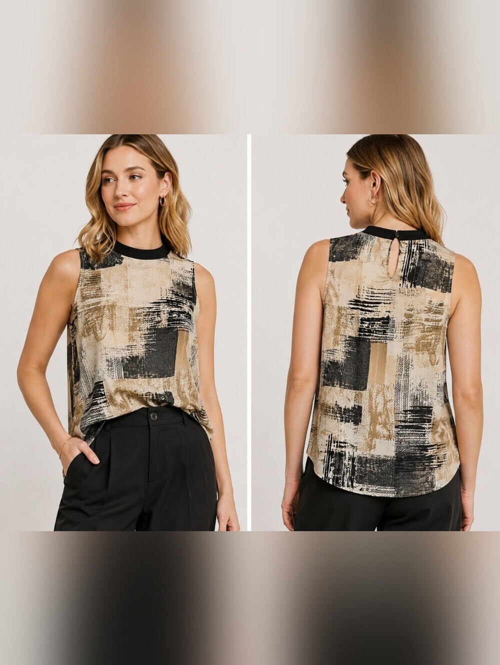 Bobeau Sleeveless Abstract Print Blouse Size XL Neutral Mock Neck Tank Top